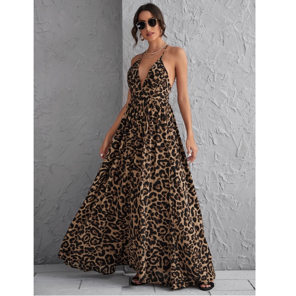 Backless Cheetah Maxi Dress Criss Cross V-Neck - Picture 8 of 16